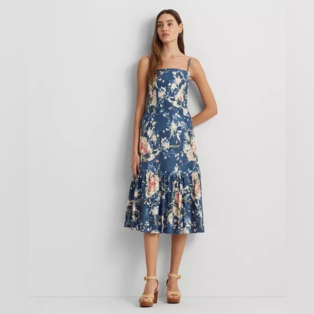 Lauren Ralph Lauren Blue Floral Spaghetti-Strap Midi Dress with Ruffled Hem